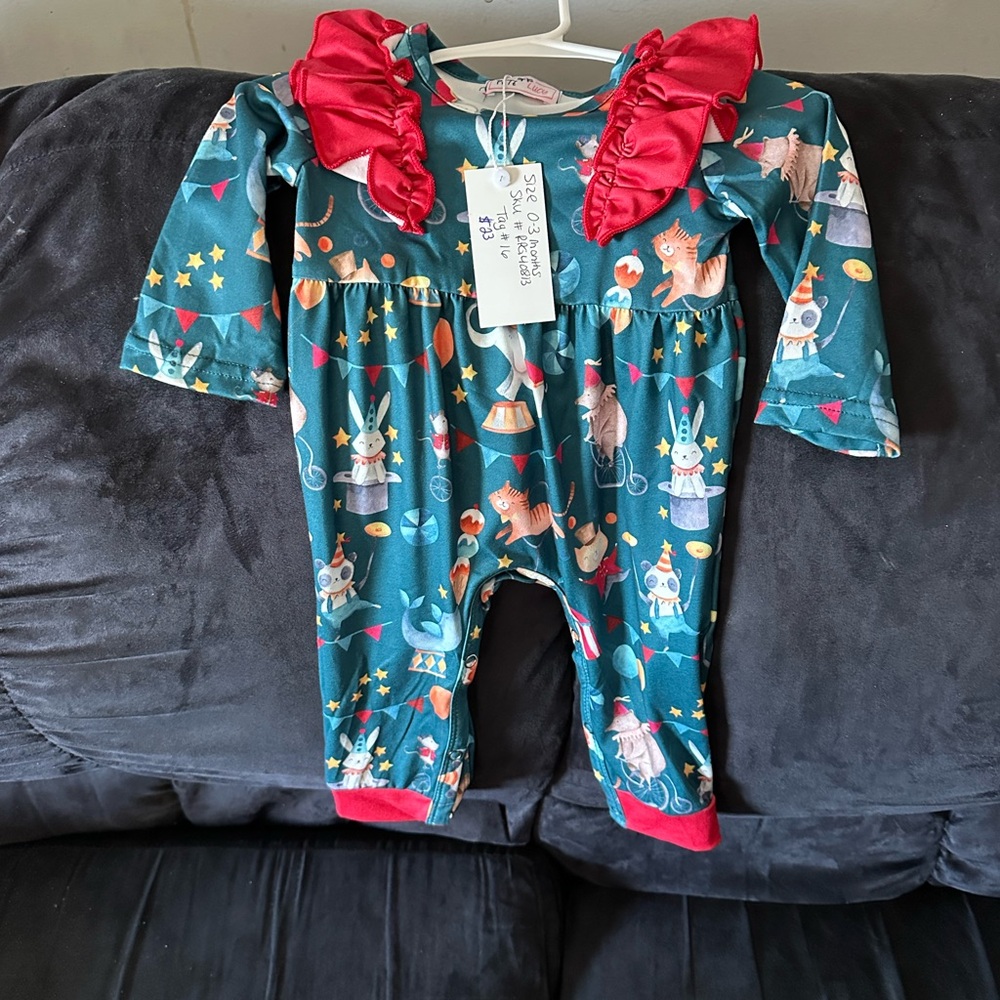 Whimsical Teal Kids Footie with Red Ruffles